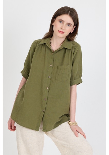 Haki %100 Pamuk Kısa Kollu Cepli Gömlek 4787A fiyatları