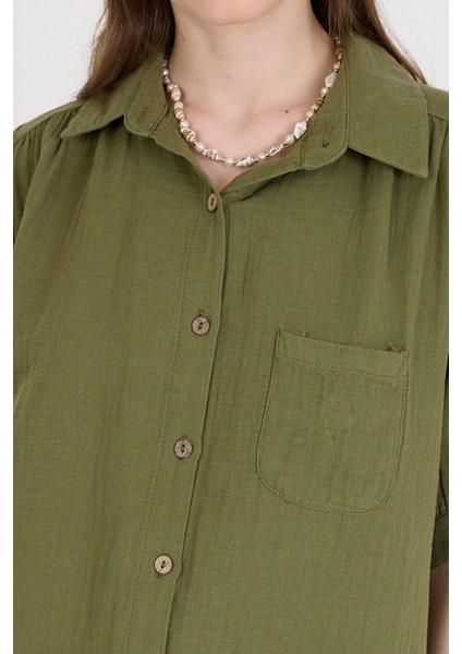 Haki %100 Pamuk Kısa Kollu Cepli Gömlek 4787A fırsatları
