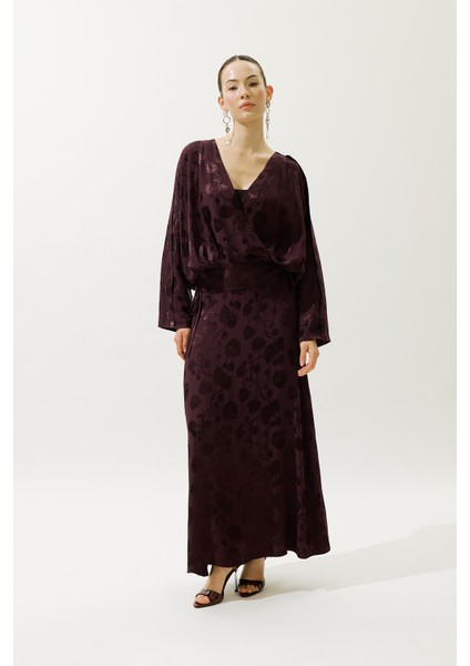 Jakarlı Saten Kimono Bordo