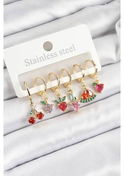 Pirinç Zirkon Taşlı Meyve Temalı Karışık Model Gold Renk 6'lı Set Kadın Küpe
