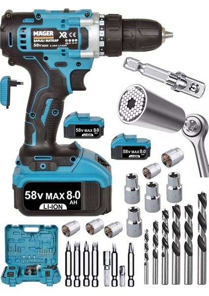 58V 8AH Şarjlı Matkap ve Vidalama Seti, 3'lü Gator Grip ile Kullanım Kolaylığı
