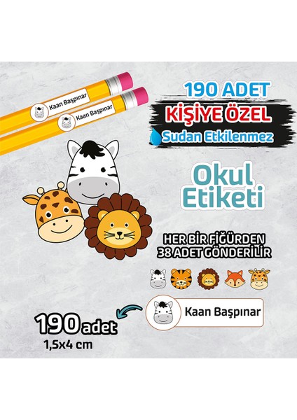 Okul Etiketi Isme Özel Kalem Defter Etiketi (Animal -1) -190 Adet