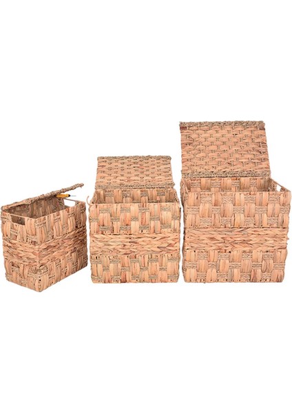 Dekoratif Kapaklı Dikdörtgen Water Hyacinth Sepet 3'lü Set