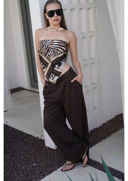 Çift Pileli Bol Paça Kahverengi Pantolon