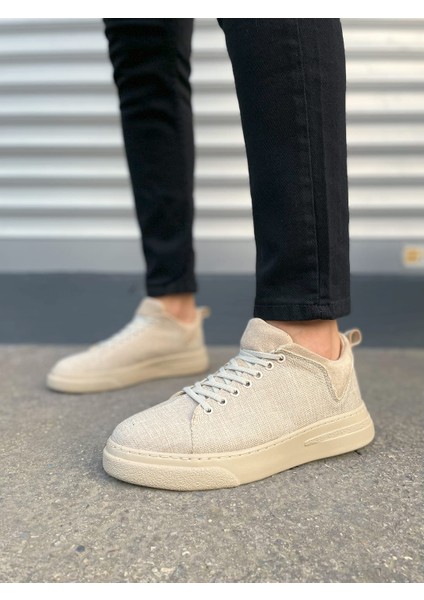 JY204 Flex Bağcıklı Keten Kumaş Erkek Günlük Sneaker Ayakkabı Kkt - Krem