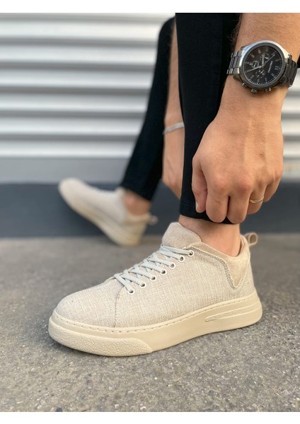 JY204 Flex Bağcıklı Keten Kumaş Erkek Günlük Sneaker Ayakkabı Kkt - Krem