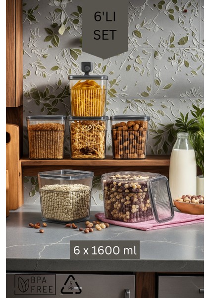 6 Parça Contalı ve Sızdırmaz Kapaklı Saklama Kabı Seti – Buzdolabı ve Kuru Gıda Uyumlu 6X1600ML