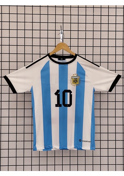 Arjantin Messi Mavi Çubuklu Dünya Kupası Unisex Kısa Kollu Yetişkin Futbol Forması