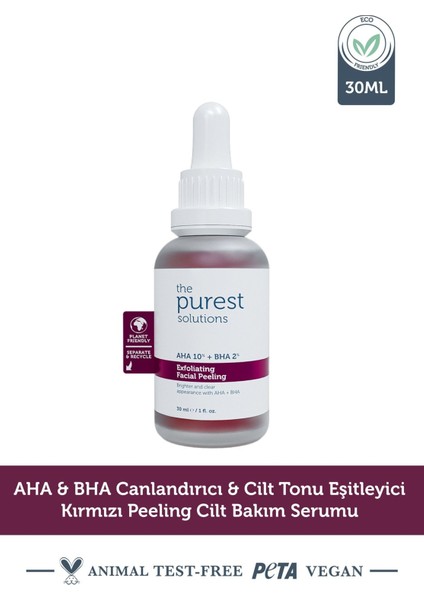 The Purest Solutions Aha & Bha Canlandırıcı & Cilt Tonu Eştleyici Kırmızı Peeling Cilt Serumu 30 ml (Aha 10% + Bha 2%)