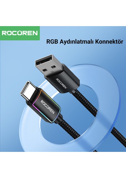 Type-C To Usb-A Rgb Aydınlatmalı 3A Hızlı Şarj ve Data Kablosu 3 Metre