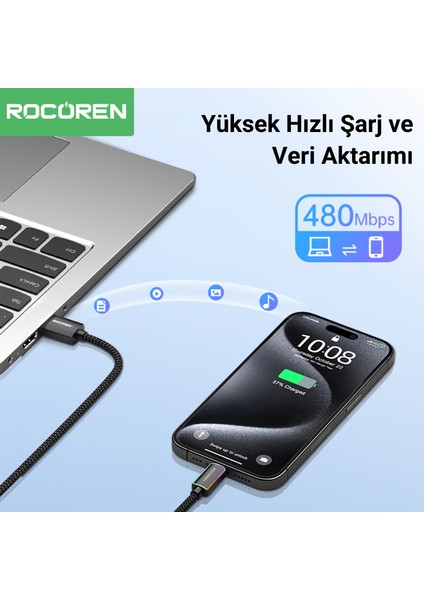 Type-C To Usb-A Rgb Aydınlatmalı 3A Hızlı Şarj ve Data Kablosu 3 Metre
