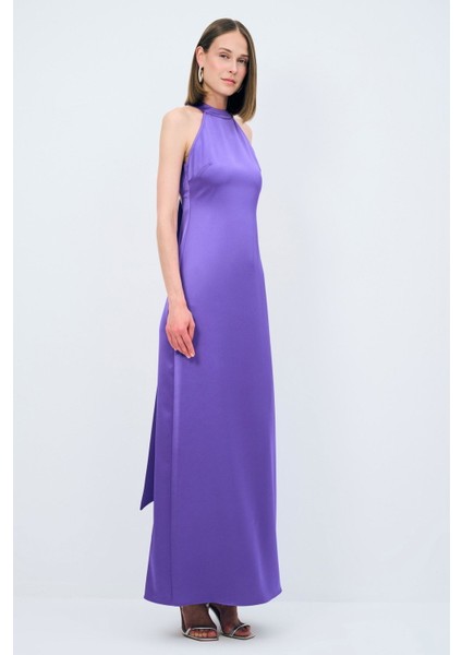 Halter Yaka Uzun Elbise Mor 12444108002