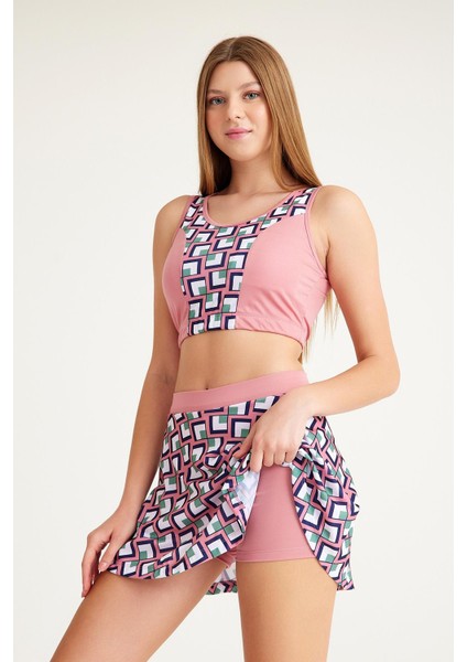 2247_ Kadın 2 Parça Şort Etekli Astarlı Crop Mayo Pembe modelleri