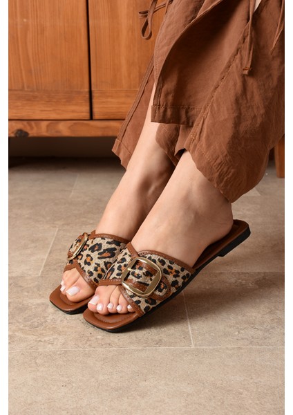 Leopar Kadın Tokalı Terlik Günlük Şık Hasır Rahat Yumuşak Bohça Misafir Deniz Ev Plaj SL01