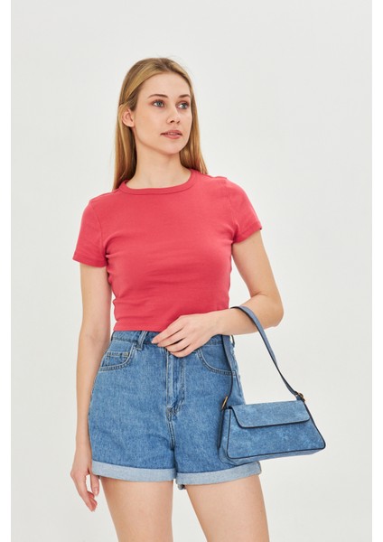 Kadın Örme Ribana Crop T-Shirt