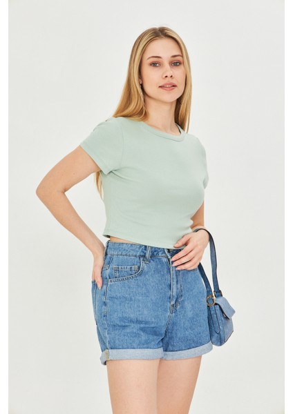 Kadın Örme Ribana Crop T-Shirt fırsatları