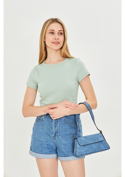 Kadın Örme Ribana Crop T-Shirt