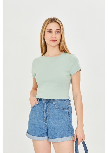 Kadın Örme Ribana Crop T-Shirt