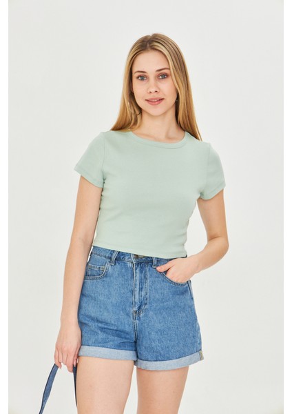 Kadın Örme Ribana Crop T-Shirt