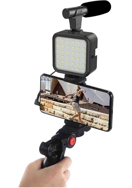 Profesyonel Vlogging Kumandalı Mikrofonlu LED Işıklı Tripod Video Çekim Seti