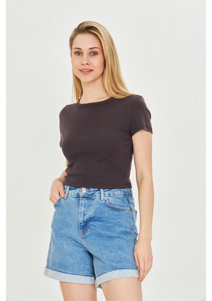 Kadın Örme Ribana Crop T-Shirt
