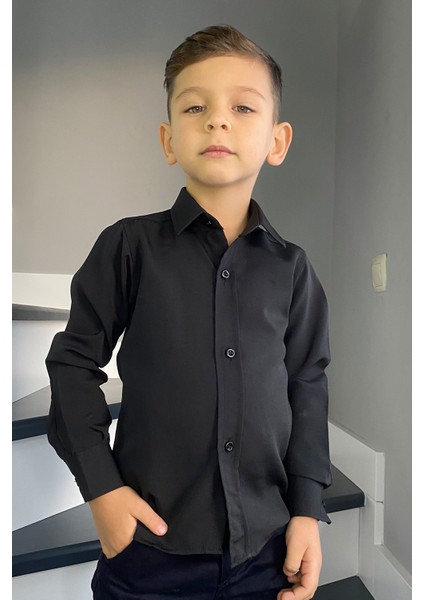 Erkek Çocuk Düz Renk Siyah Uzun Kollu Gömlek