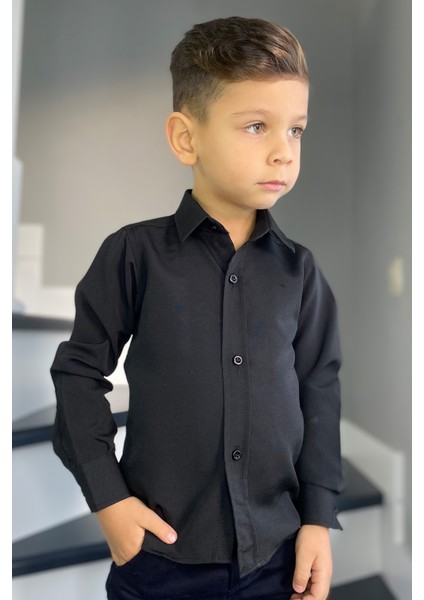 Erkek Çocuk Düz Renk Siyah Uzun Kollu Gömlek modelleri