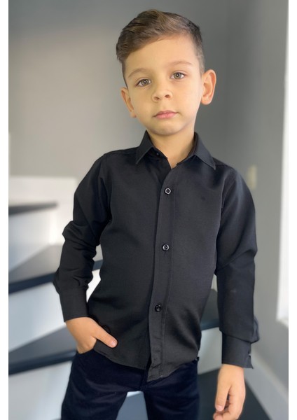 Erkek Çocuk Düz Renk Siyah Uzun Kollu Gömlek fırsatları