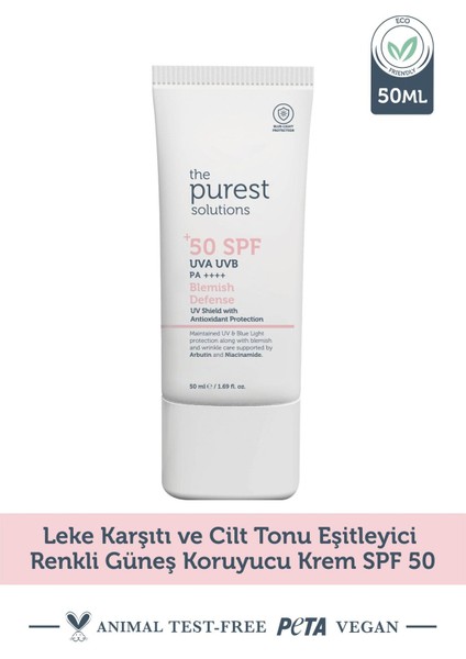 The Purest Solutions Leke Karşıtı ve Cilt Tonu Eştleyici Renkli Güneş Koruyucu Krem Spf 50, 50 ml