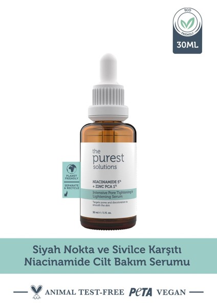 The Purest Solutions Siyah Nokta ve Sivlce Karşıtı Niacinamide Cilt Bakım Serumu 30 ml (Niacinamide 5% & Zinc Pca 1%)