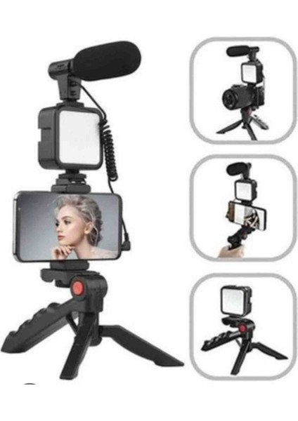 Profesyonel Vlogging Kumandalı Mikrofonlu LED Işıklı Tripod Video Çekim Seti