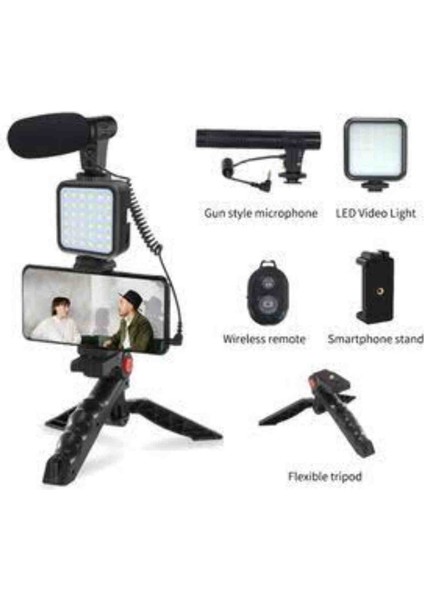 Profesyonel Vlogging Kumandalı Mikrofonlu LED Işıklı Tripod Video Çekim Seti