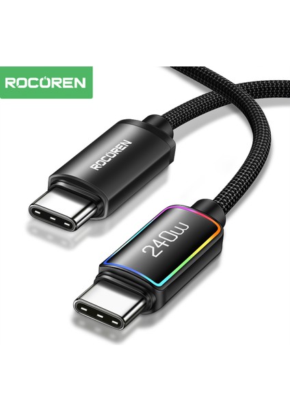 240W Type-C To Type-C Rgb Aydınlatmalı Örgülü Şarj ve Data Kablosu 1 Metre