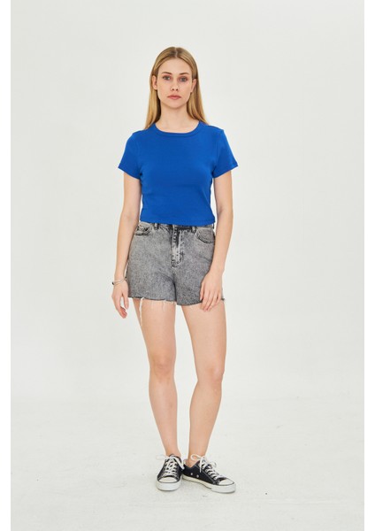 Kadın Örme Ribana Crop T-Shirt