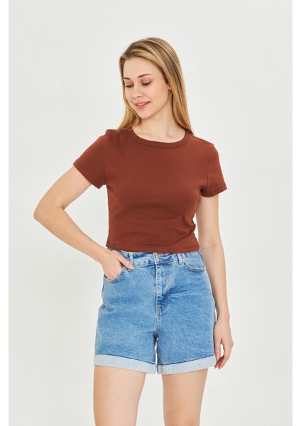 Kadın Örme Ribana Crop T-Shirt
