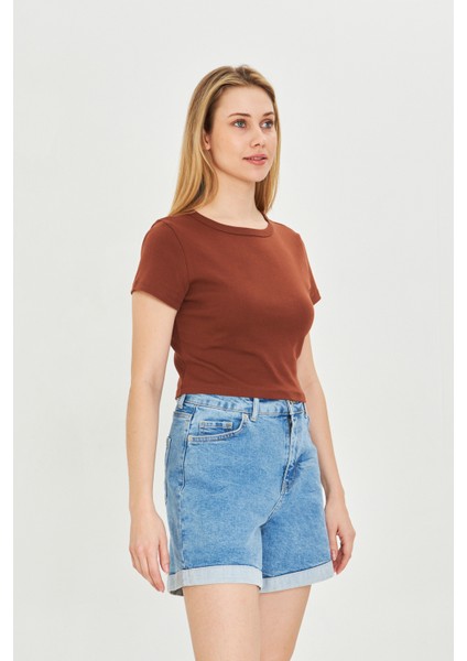 Kadın Örme Ribana Crop T-Shirt