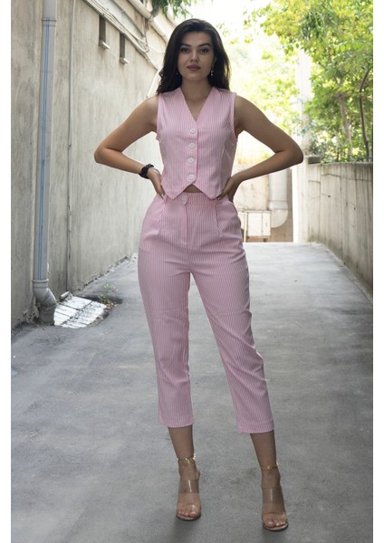 Trend Model Yelek Pantolon Çizgili Takım 1263