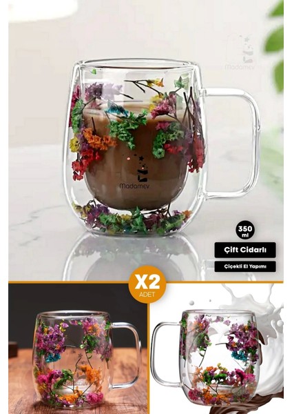 2'li Isıya Dayanıklı Borosilikat Çift Çidarlı Flower Cup Çiçekli Bardak Kulplu Kahve Sunum Bardağı