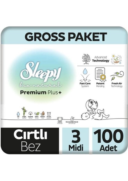 Nessiworld Sleepy Bio Natural Bebek Bezi Gross Paket 3 Beden 4-9 kg 100 Adet