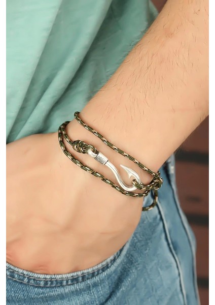 Krem Çizgi Desenli Metal Kancalı Erkek Bileklik - TJ-EB2240-KS