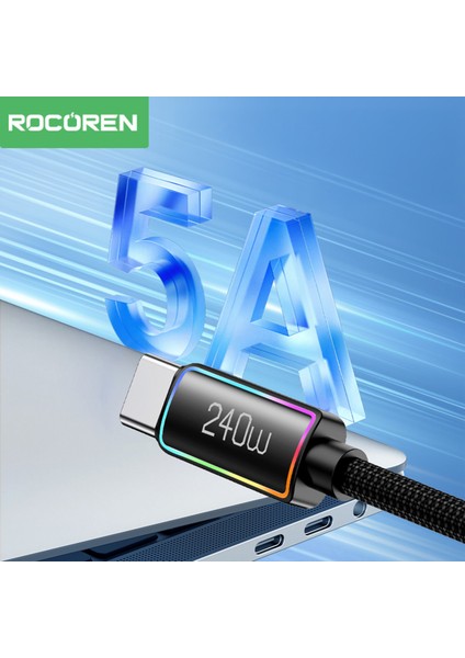 240W Type-C To Type-C Rgb Aydınlatmalı Örgülü Şarj ve Data Kablosu 3 Metre