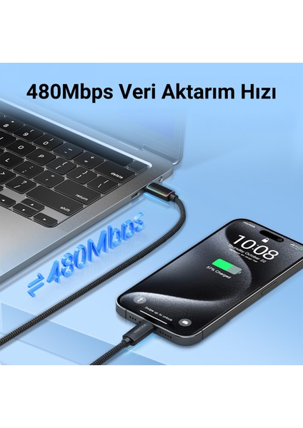 240W Type-C To Type-C Rgb Aydınlatmalı Örgülü Şarj ve Data Kablosu 3 Metre
