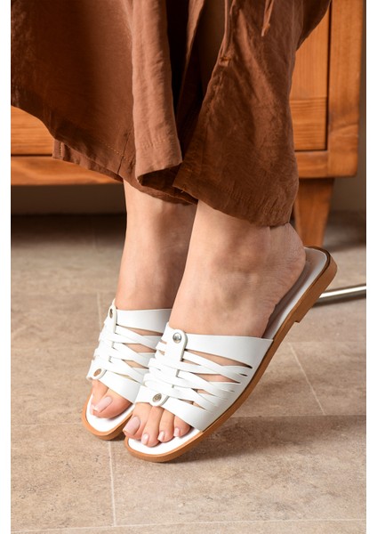 Beyaz Kadın Günlük Şık Örgülü Suni Deri Terlik Rahat Yumuşak Hafif Bohça Misafir Deniz Ev Plaj SVN02