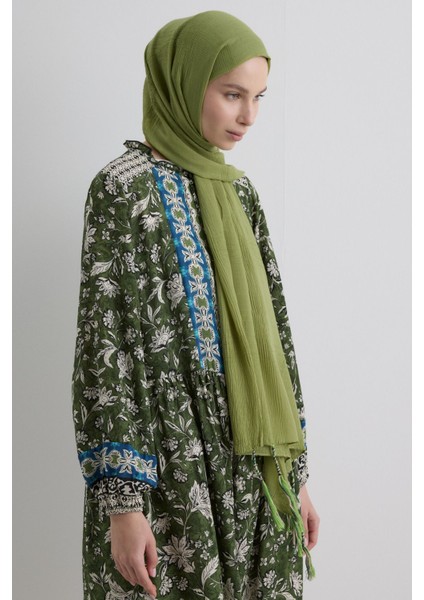 Brıce Çağla Yeşil Uzun Saçak Püsküllü Pamuklu Şal