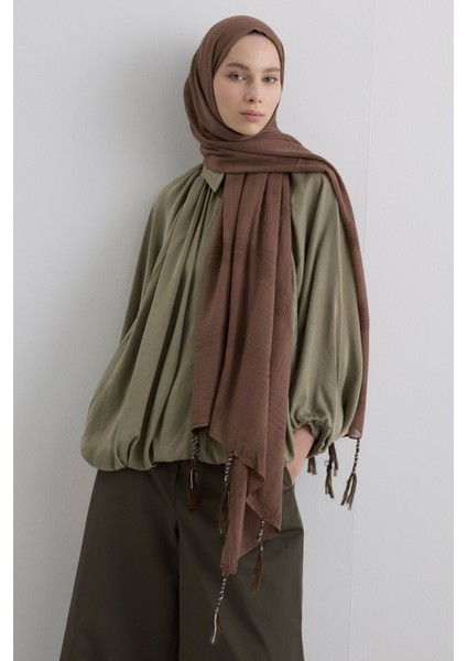 Brıce Kahve Uzun Saçak Püsküllü Pamuklu Şal