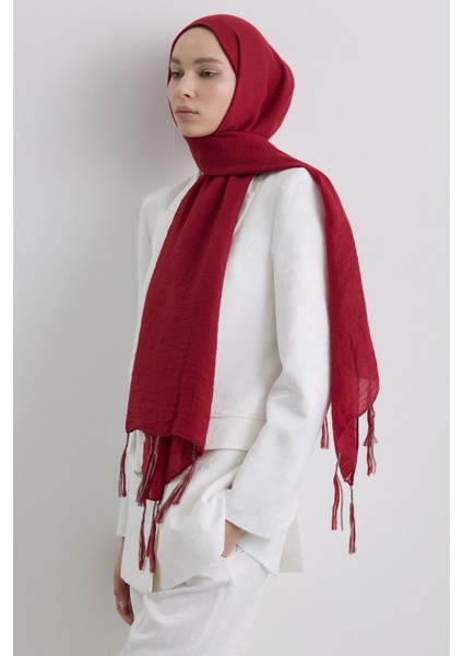 Drew Kırmızı Bohem Uzun Saçaklı Pamuklu Şal