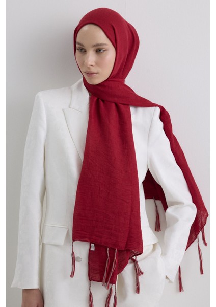 Drew Kırmızı Bohem Uzun Saçaklı Pamuklu Şal