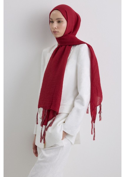 Drew Kırmızı Bohem Uzun Saçaklı Pamuklu Şal
