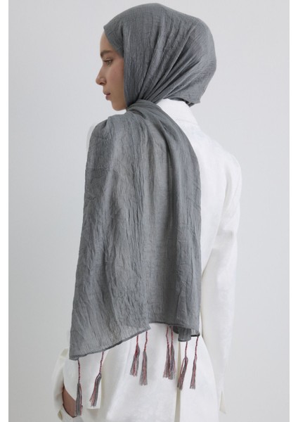 Drew Gri Bohem Uzun Saçaklı Pamuklu Şal