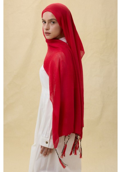 Brıce Kırmızı Uzun Saçak Püsküllü Pamuklu Şal